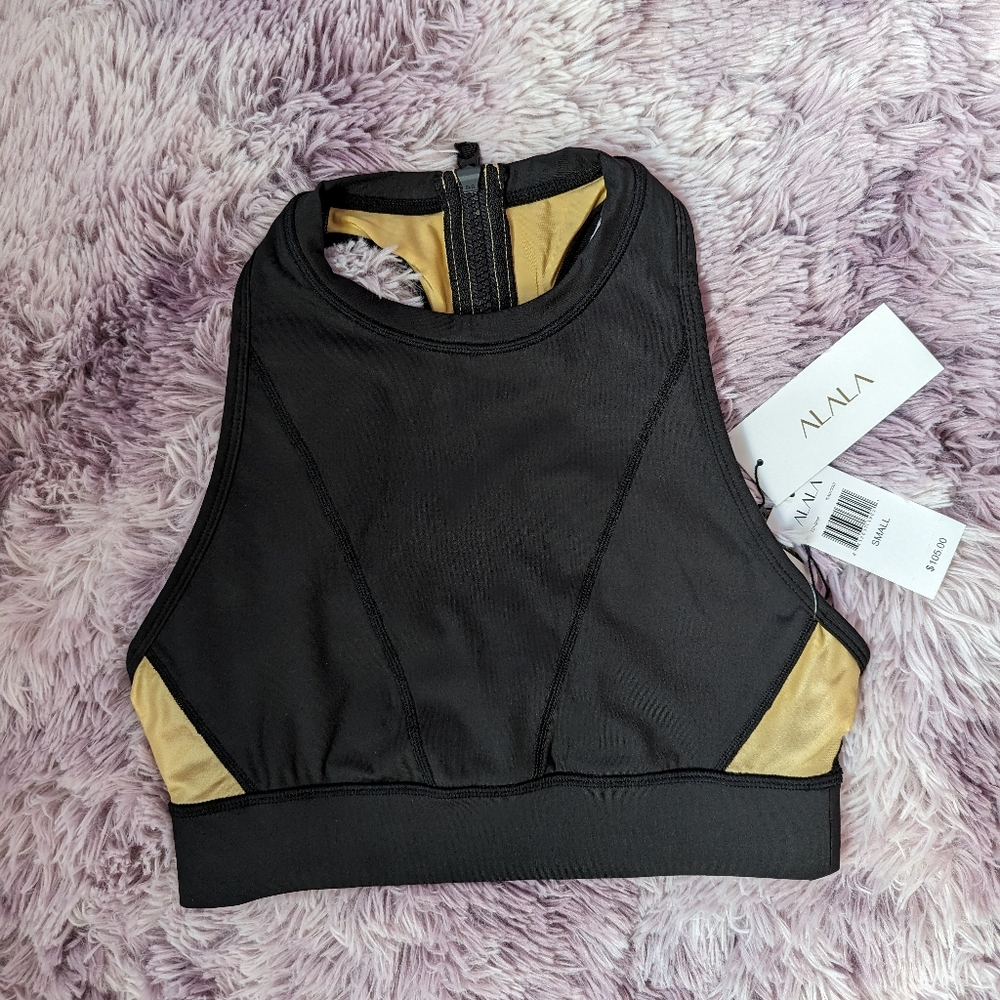 ALALA Heroine Black Gold Zip Back Racerback Sport GYM Top Bra size S